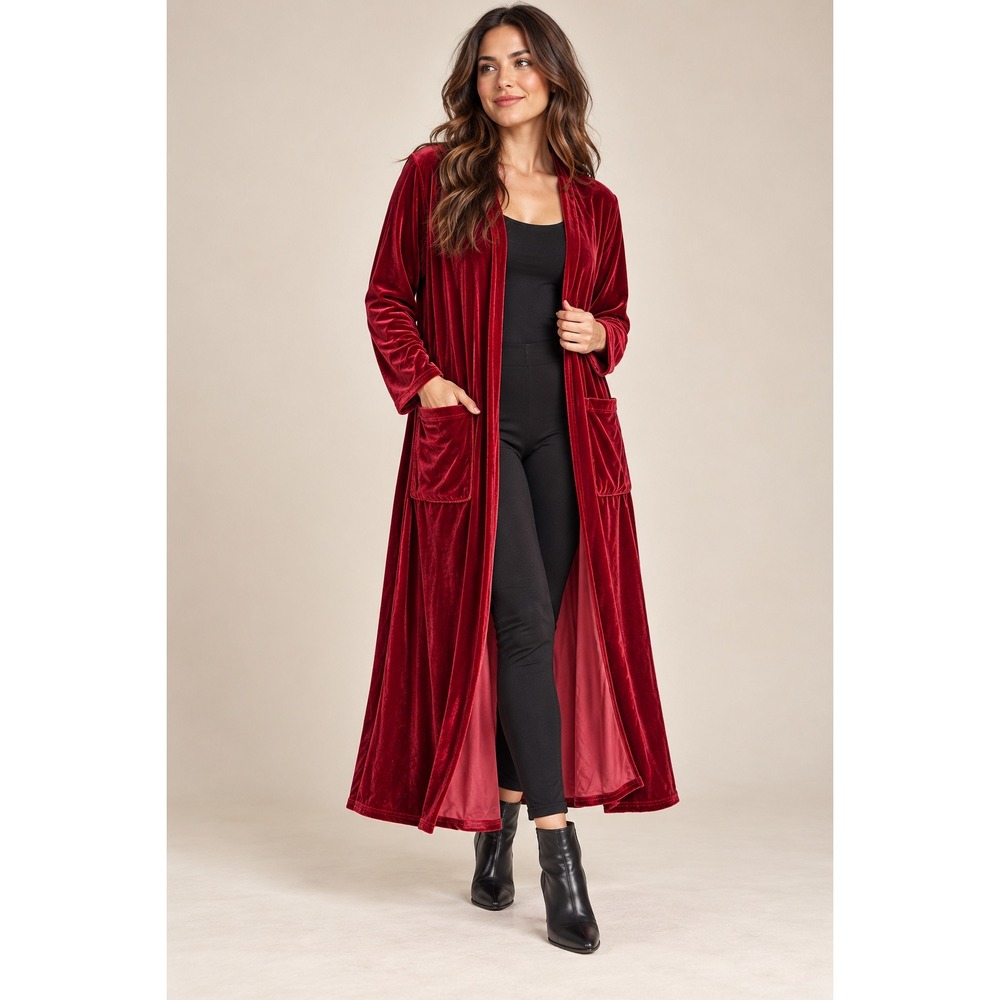 LuLaRoe Sarah Red Velvet Long Duster Cardigan Pockets Large NWT